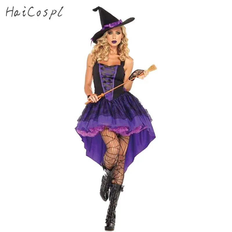 

Plus Size XXL-S Halloween Witch Costume For Women Adult Sexy Purple Swallow Tail Braces Dress Hat Carnival Party Female Suit