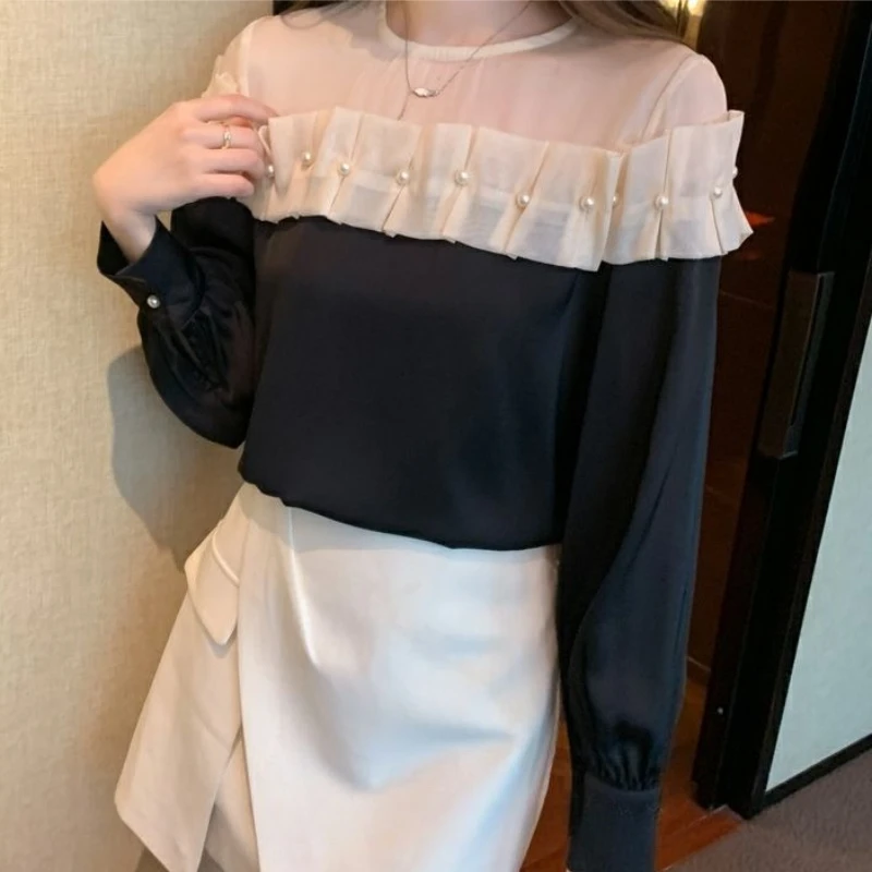 

Новая осенняя женская шифоновая блузка с длинным рукавом, стильная, с пэчворком, дизайнерская, класса люкс, 2026