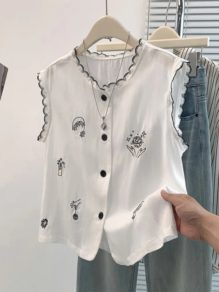 

Elegant Pure Cotton Embroidered Sleeveless Shirt Women Summer Thin Outerwear Beautiful Lace round Neck Top Heavy Work