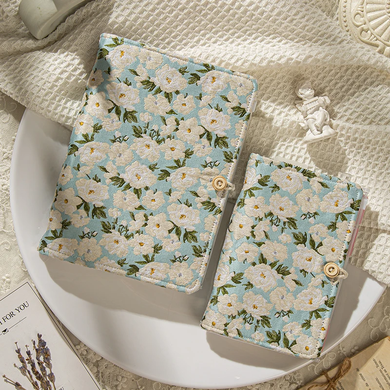 Blue and White Flowers High Aesthetic Fabric Surface A5 A6 Loose Leaf Ledger Literary Notebook Portable and Detachable