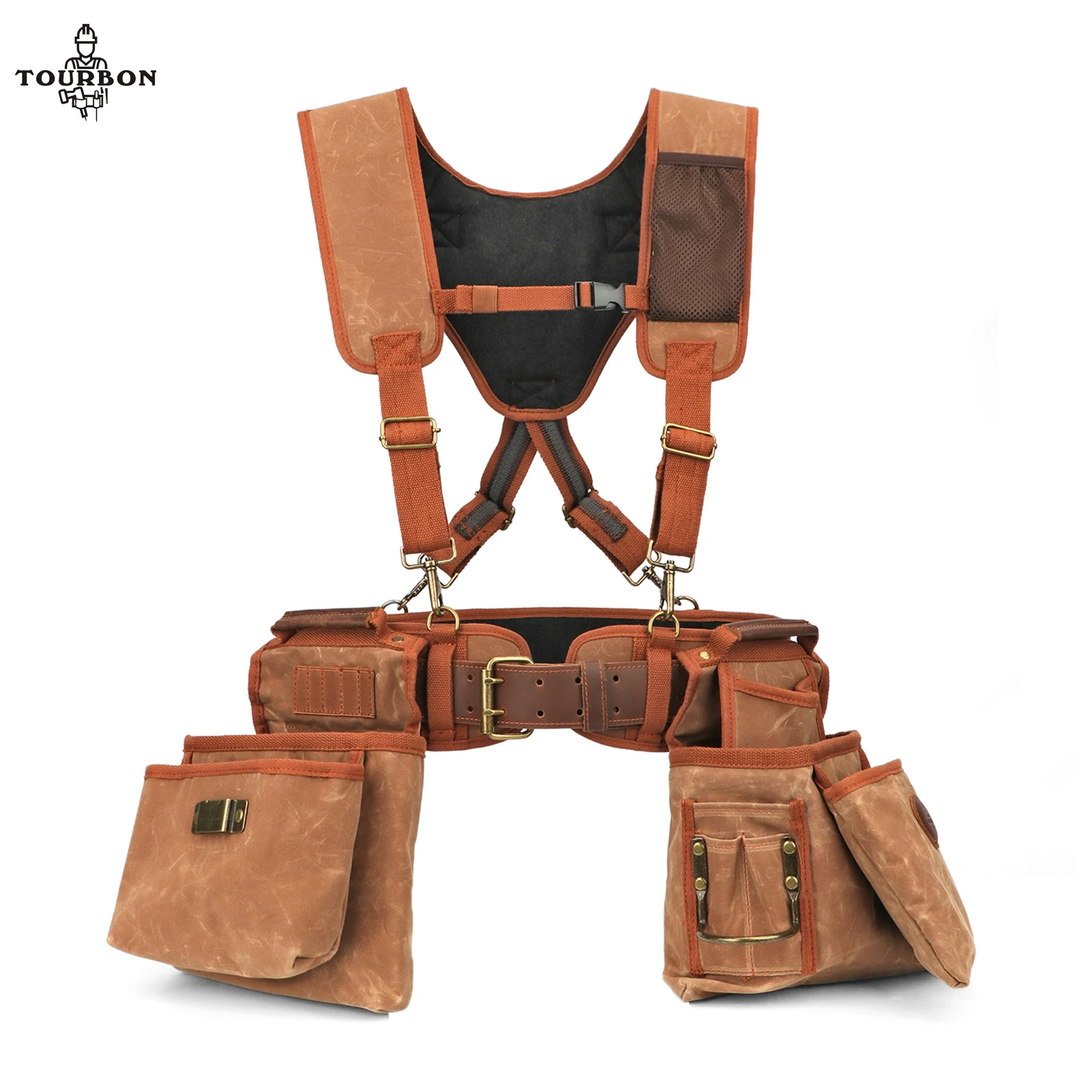 

Tourbon Tool Belt with Adjustable Suspenders Padded Cooling Mesh Detachable Pockets Tape Measure Hammer Holder Framers Rig Tan