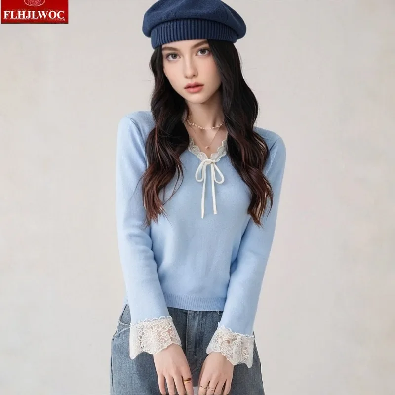 ربطة القوس فيونكة القمم لاعبا البلوفرات السنة الجديدة أزياء المرأة لطيف الحلو اليابان نمط الفتيات المرقعة الدانتيل الأبيض محبوك البلوزات #1