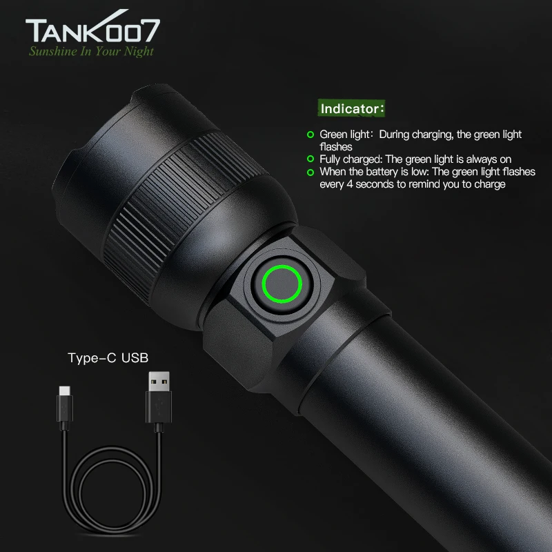 Tank007 10w Flashlight Rechargeable Focusing Light 1000 Lumens 500m Adjustable USB Type-C EDC Torch For Home Outdoor