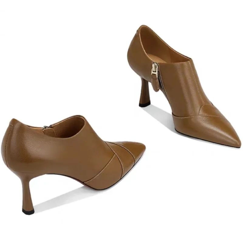 

Low Top Single Shoes Fashion Pointed Toe Spliced Side Zipper Soft Sole Non-Slip Heeled Leather Shoes