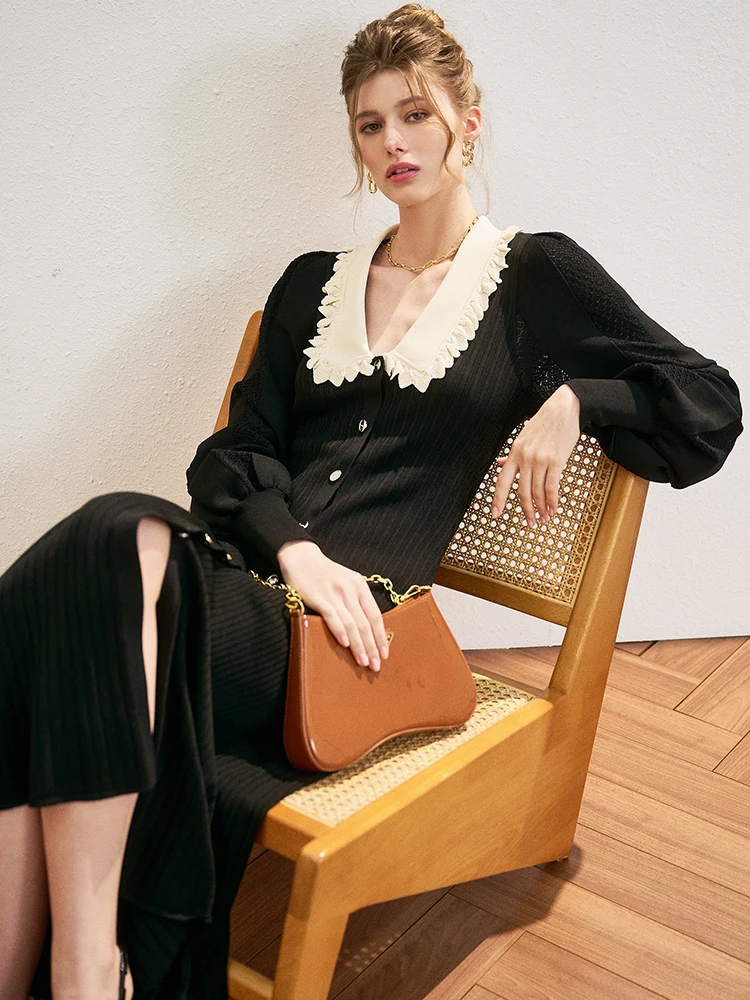 Vintage Knitted Long Sleeve Dresses Korean Elegant Fall Winter Sweet Peter Pan Collar A Line Woman Button Black Midi Dress Chic