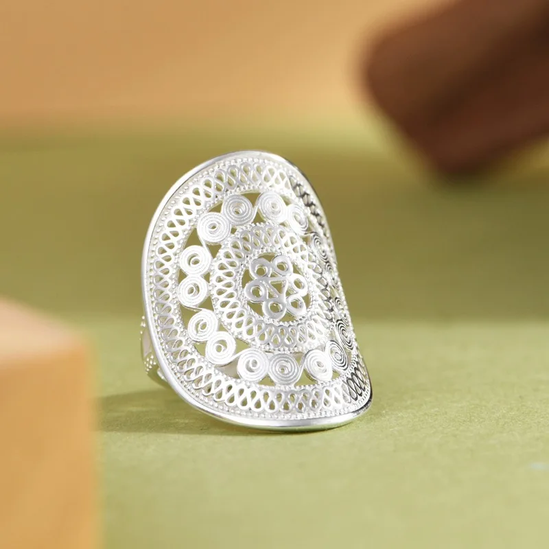 

28MM Hollow Big Oval Button Personalized Rings 925 Sterling Silver Lace Flower Ring for Women Exotic Bohemia Jewelry Trendy Ring