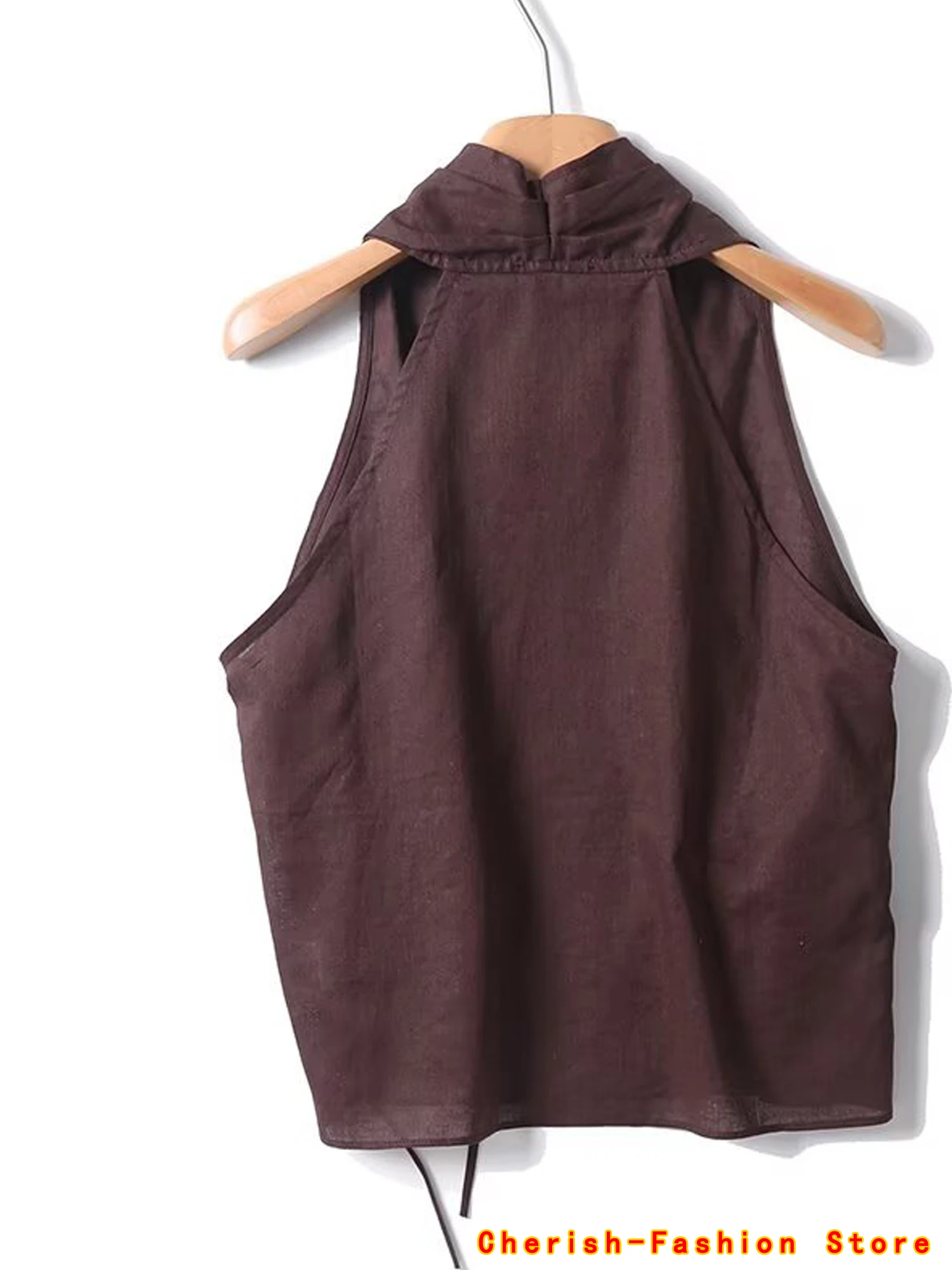 2025 Bazaleas Vintage Bruin Choker Tank Top Zomer V-hals Camis Sexy Vrouwen Tank Top Casual Backless Dunne Bandjes Vrouwelijke Merk