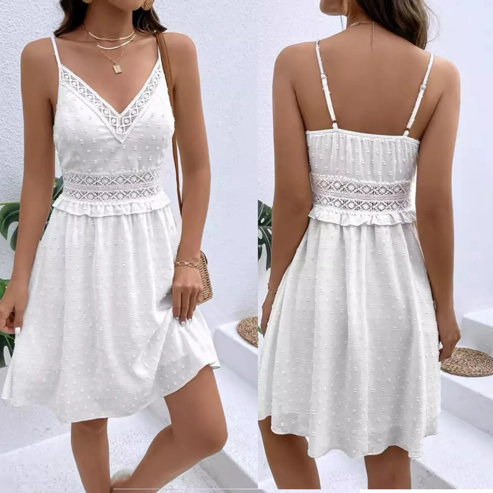 

Women Fashion Sexy Mini Dress Sleeveless V Neck Lace Stitching White Sling Dress Casual Hollow-Out Beach Sundress Vestidos Mujer