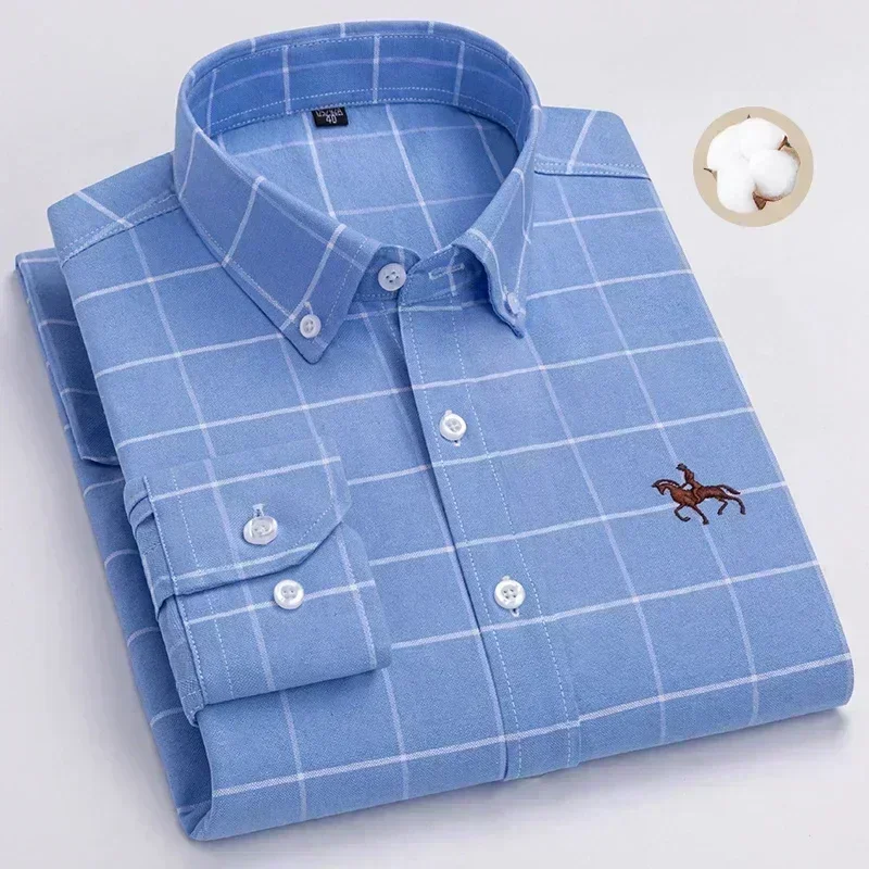 Camisa Oxford Spinning Masculina de Manga Longa, 100% Algodão Puro, Bolso Bordado, Slim Fit, Estilo de Botões, Soft Med, Negócios, Lazer, S-7XL