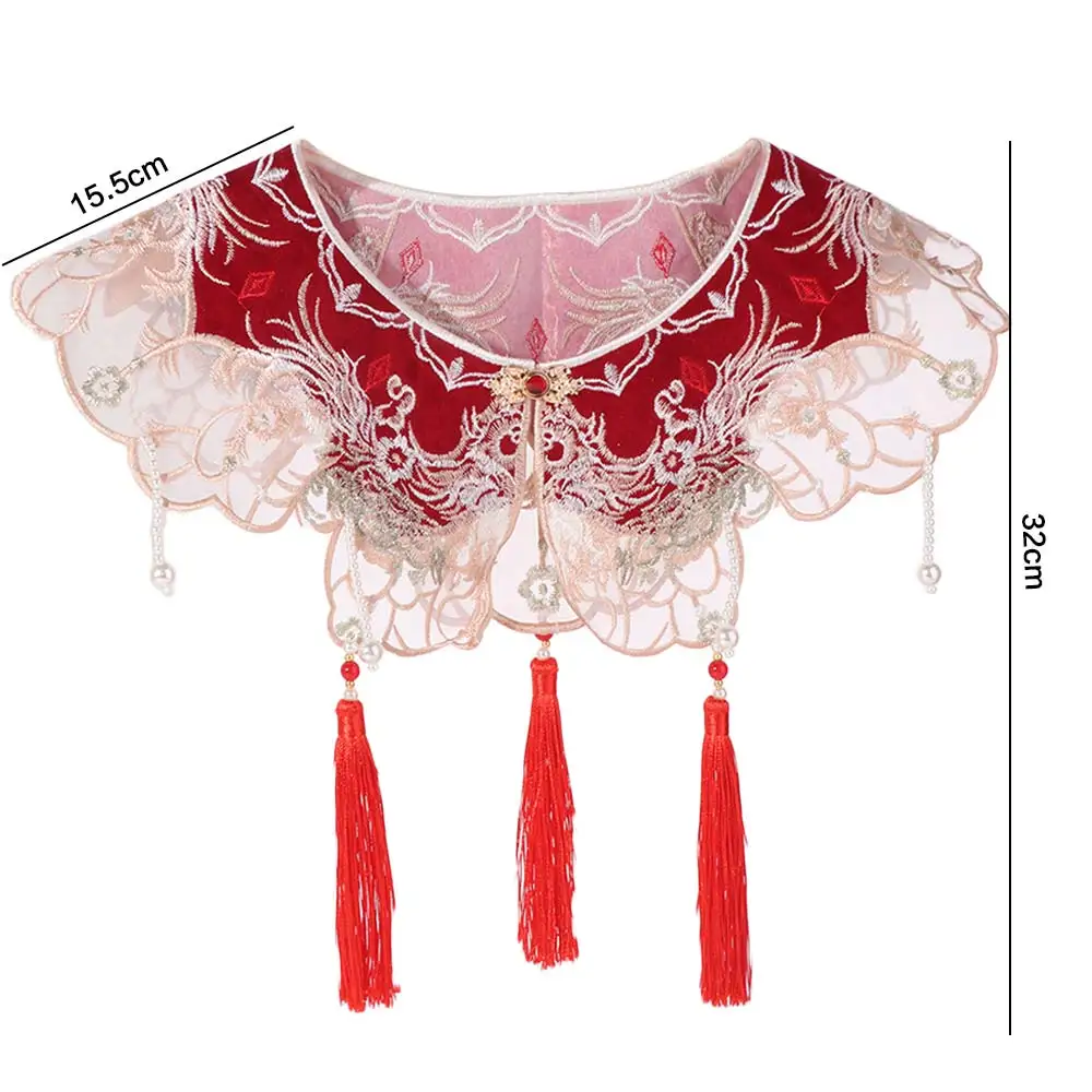 Ancient Chinese Style Hanfu Collar Embroidered Detachable Hanfu Shoulder Collar Pearls Tassels Cheongsam Shawl for Women/Girls