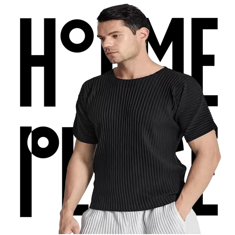 

Pleats Original Pleated Men's T-shirt 2024 Spring And Summer New Men's Tops Loose Casual Five-quarter Sleeve Solid Color T-shirt