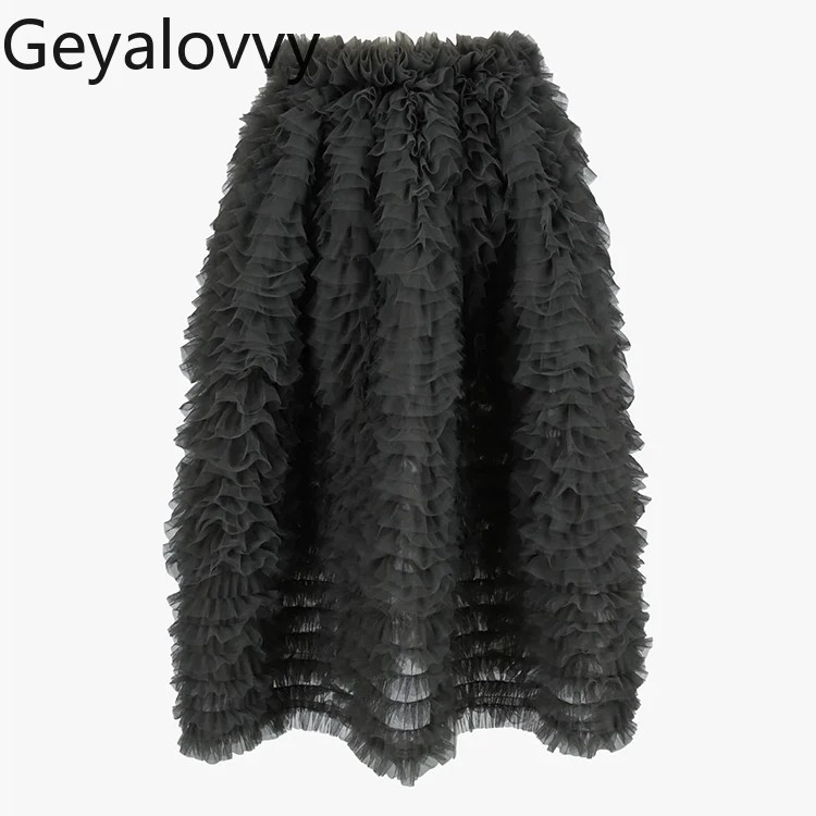 

Japanese Niche Skirt Women Summer Heavy Industry Layered Mesh Elastic Waist Fluffy Cake Skirt High Waist Long Skirts Two Wear