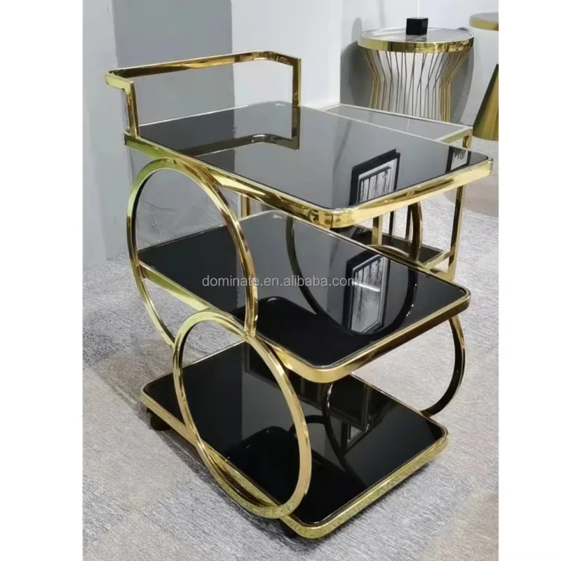 Customized Stainless Steel Frame Black Tempered Glass Bottom Manual Hotel Wedding Banquet Cart Trolley