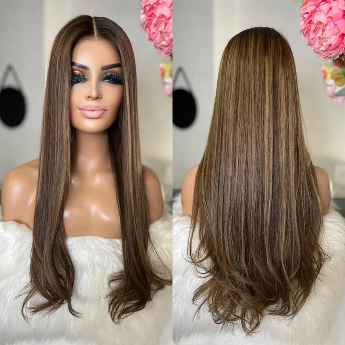 Luxury 26 Inch Slightly Wave Highlight Synthetic Lace Frontal Wigs On Clearance Sale Trendy Ombre Chestnut Brown Glueless Wigs