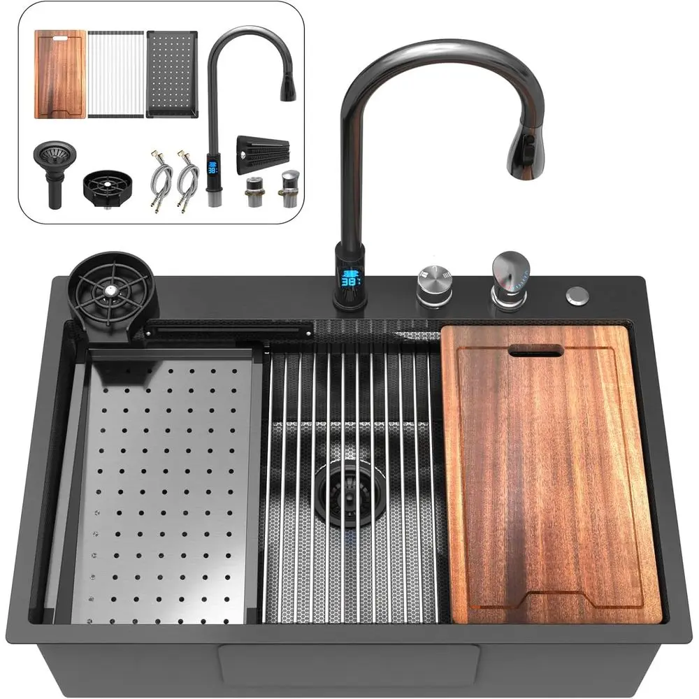 

Кухонная мойка с водопадом, металлическая черная -33x22x10 с краном, комбинированная двухступенчатая рабочая станция, 16, многофункциональная нержавеющая сталь