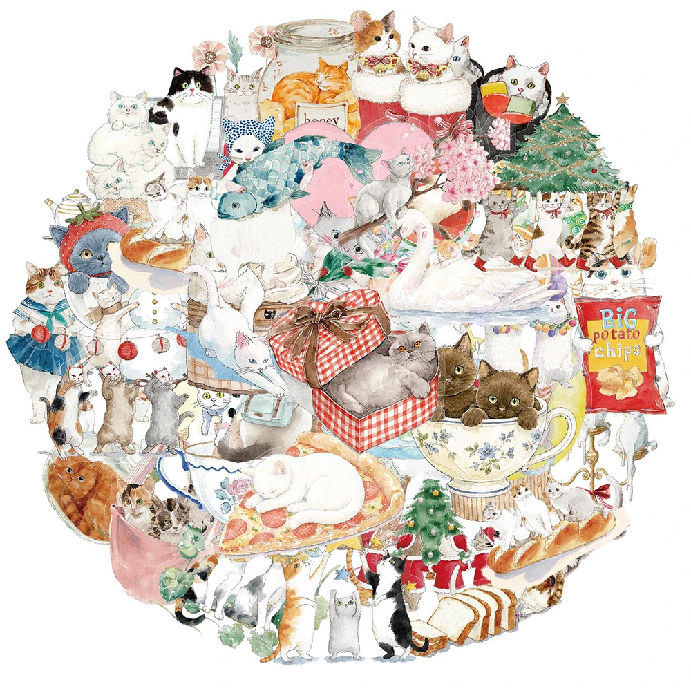 10/30/50pcs Cute Watercolor Cat Graffiti Stickers Kawaii Kitten Cartoon Sticker Skateboard Phone Luggage Transparent Decals Pack