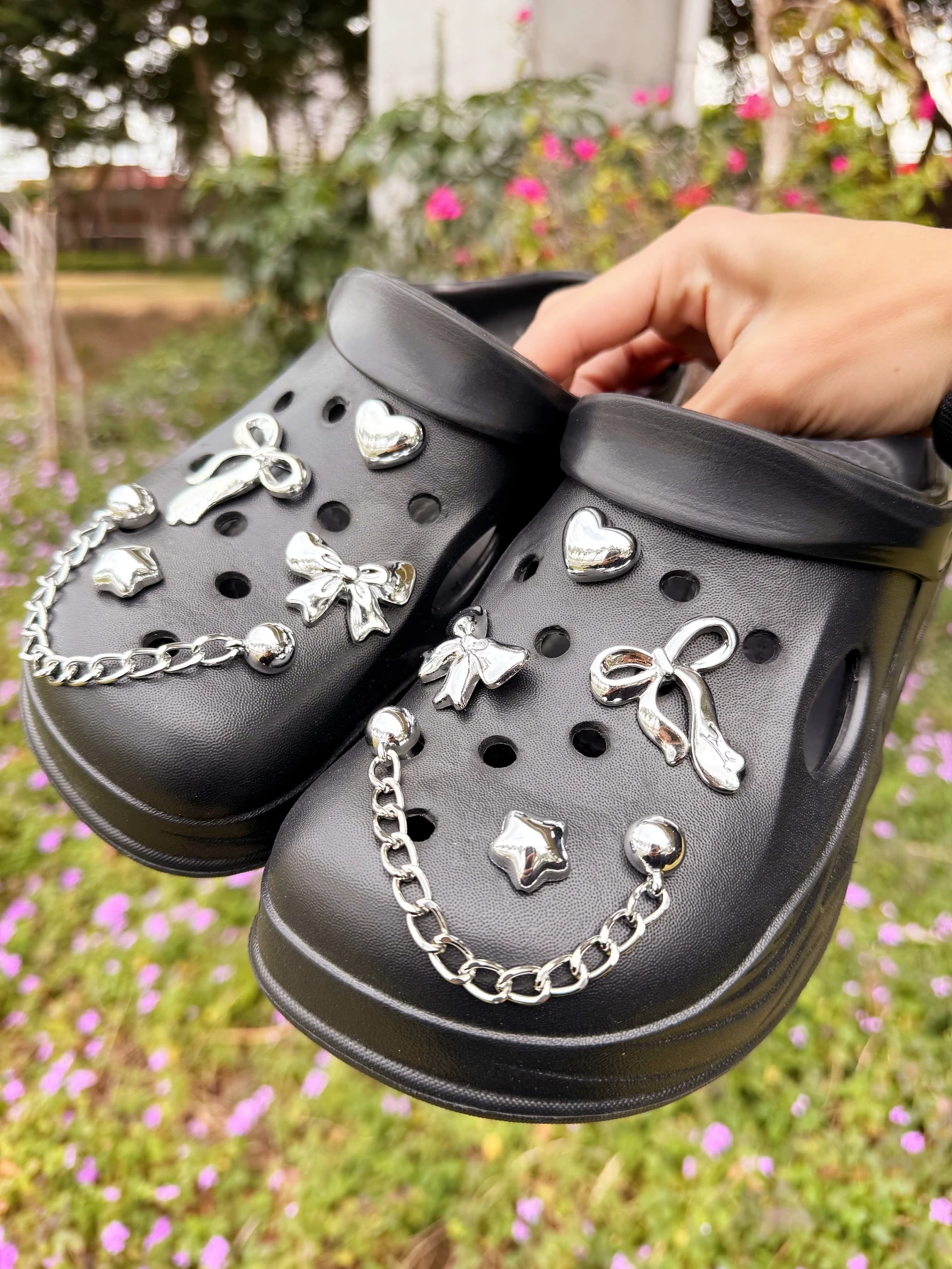 10 pieces of silver bow alloy chain shoes for DIY casual accessories, fun and multi-functional personalized footwear styles