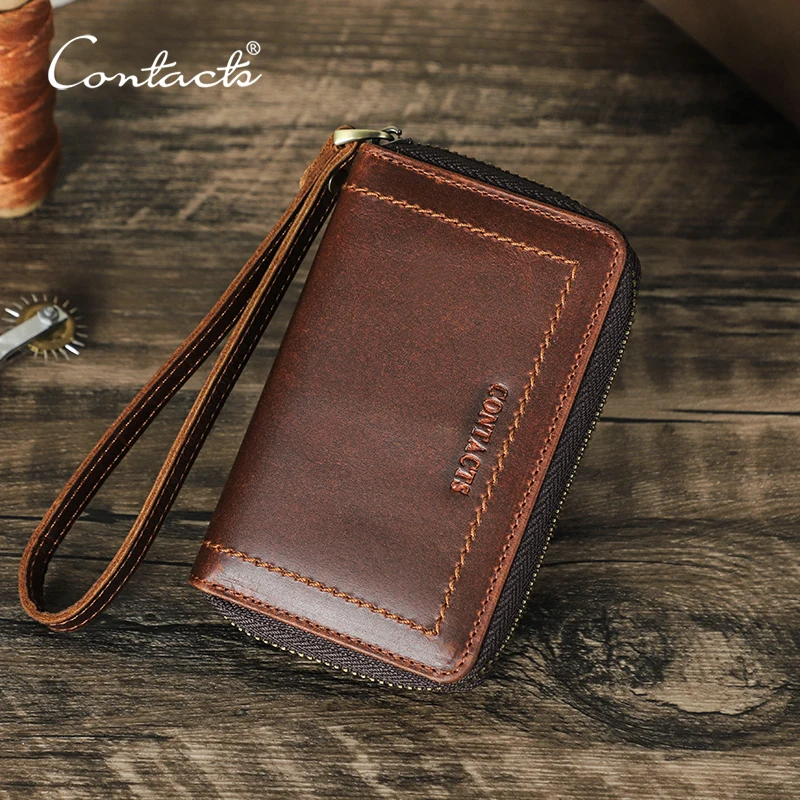 CONTACT'S Genuine Leather Key Wallets for Men Zipper Key Holders Key Pouch Car Key Bags Male Housekeeper Keys Organizer Key Case