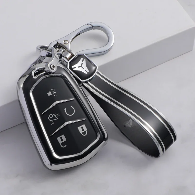 Silver Tpu Car Key Case Cover for Cadillac ATS CT6 CTS DTS XT5 Escalade ESV SRX STS XTS ELR 2014-2018 Remote Key Holder Keychain