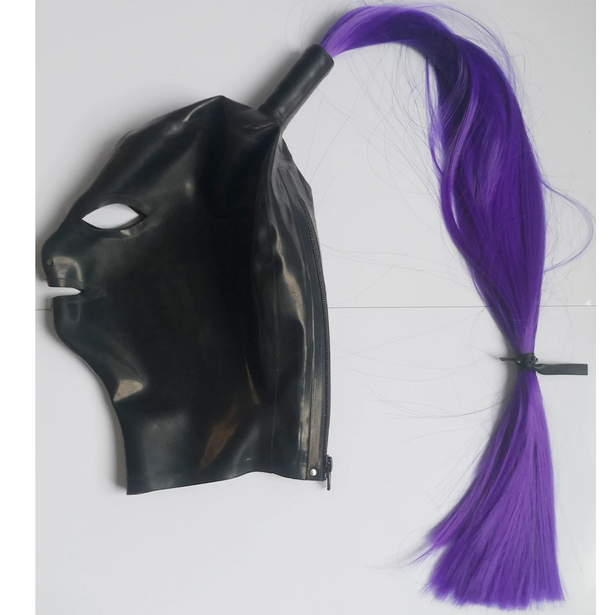 

Latex Mask with Purple Hair Wig Fetish Rubber Hoods Open Mouth Eyes Sexy Headgear Handmade Women Halloween Cosplay Costumes