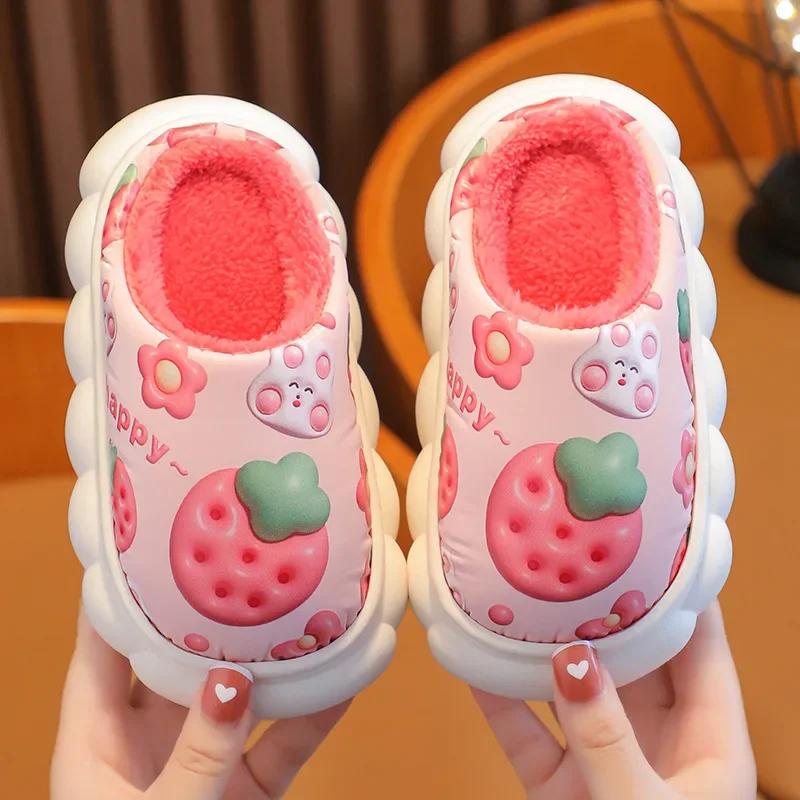 Children Slippers Winter PU Waterproof Leather Cotton Slippers Girls Warm Home Shoes Indoor Children Plush Slippers