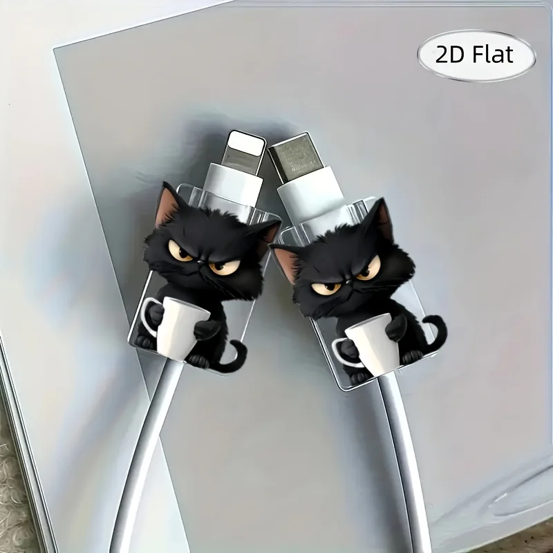 Protecteur de câble en plastique 2D plat, 2 pièces, chat noir en colère ludique, Anti-rupture, housse de Protection pour cordon de chargeur pour iPhone/type-c