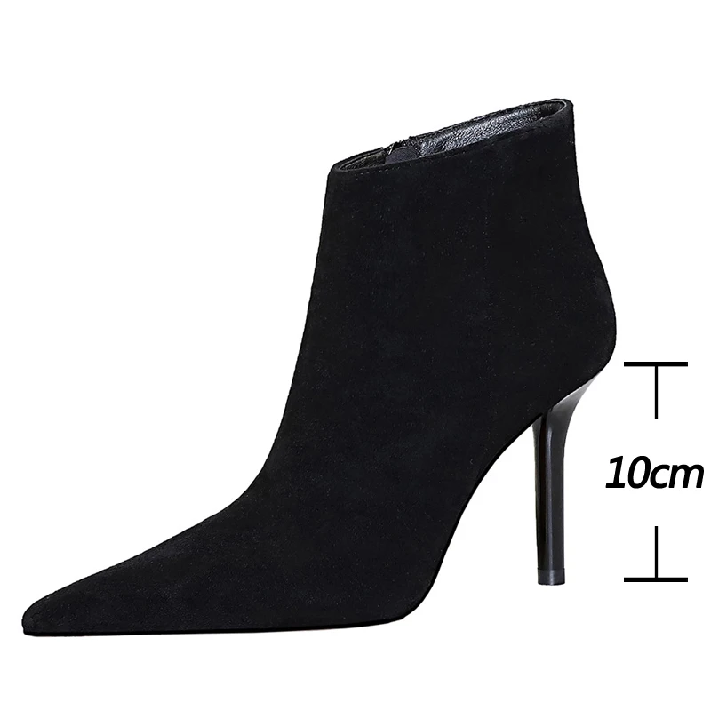 BIGTREE Shoes Suede Ankle Boots For Women Heels Winter Boots Pointed Stilettos High-heeled Boots Side Zipper Black Short Boots