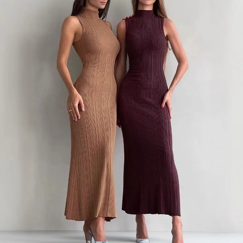 

Knitted High Neck Sleeveless Bodycon Midi Dress Elegant French Style European And American Summer Spring New Fashion Ladies
