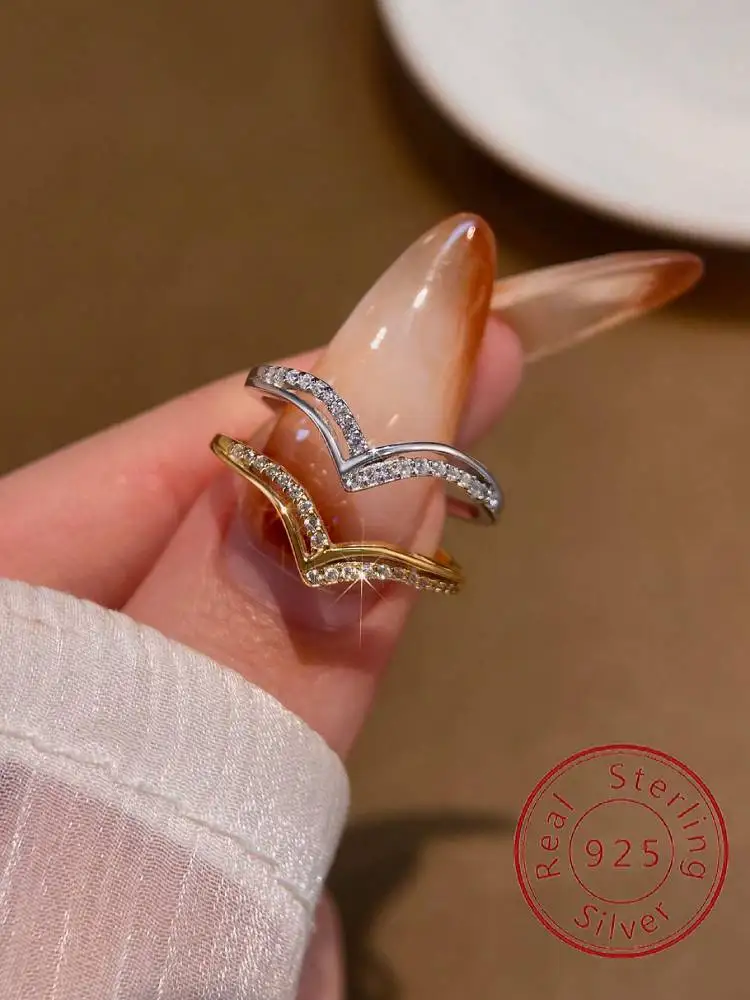 

925 Sterling Silver Personalized Simple V-Shaped Zircon Ring For Women Wedding Engagement Luxury High Quality Fine Jewelry