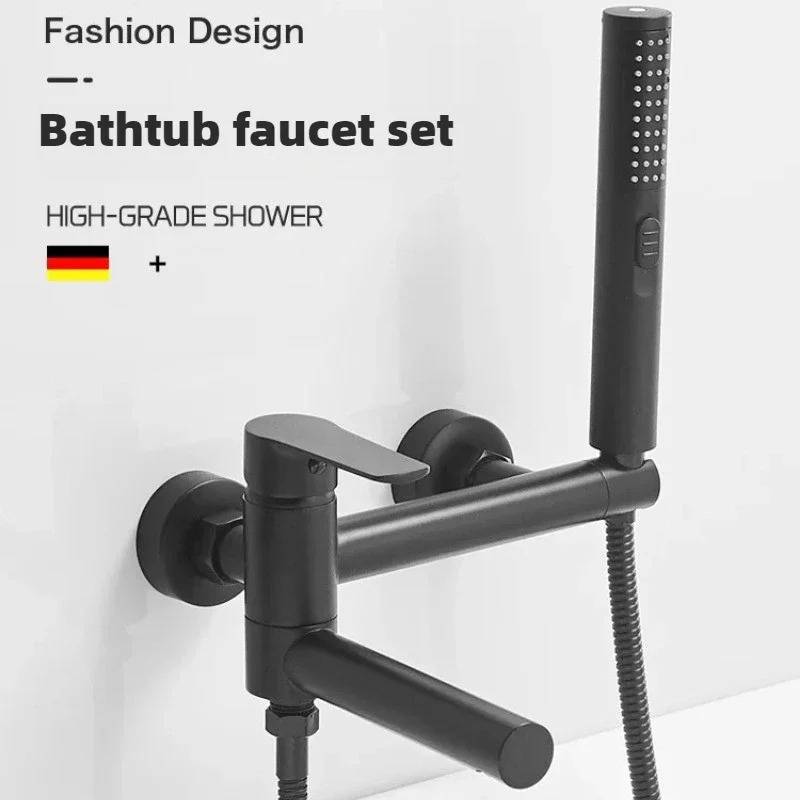 Matte Black Bathtub Shower Faucet Swivel Tub Spout Wall Mounted Bath Mixer Waterfall Bathtub Tap with Handheld Shower