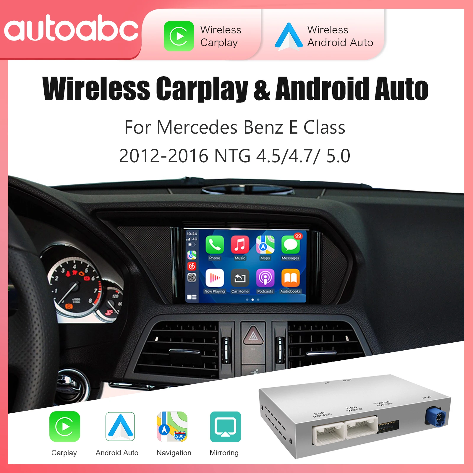 Wireless CarPlay Android Auto สำหรับรถยนต์ Mercedes Benz E-Class W212 E Coupe C207 ปี 2012-2016 พร้อม Mirror Link AirPlay Car Play