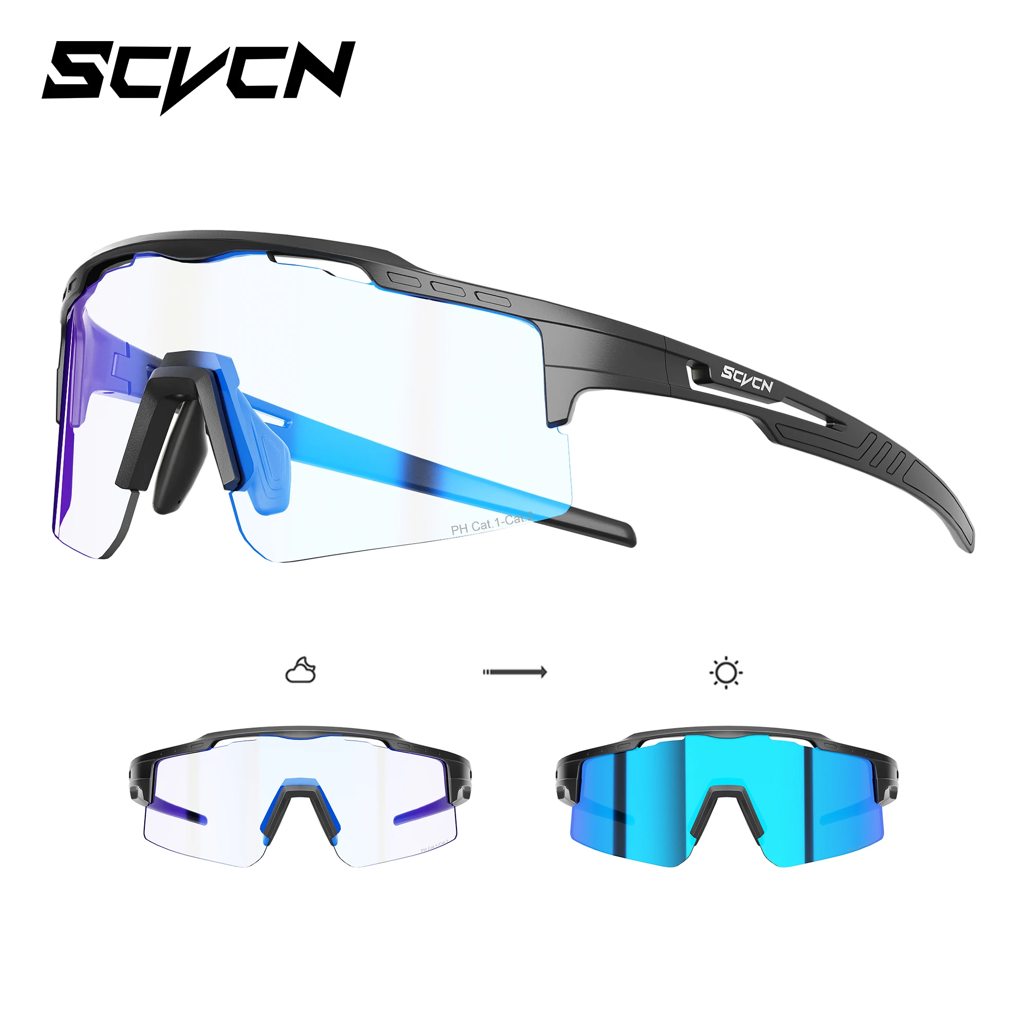 SCVCN Heiße Photochrome Radsport-Sonnenbrille UV400 für Damen und Herren, Winddichte Outdoor-Sportbrille für MTB, Rennrad, Wandern und Laufen