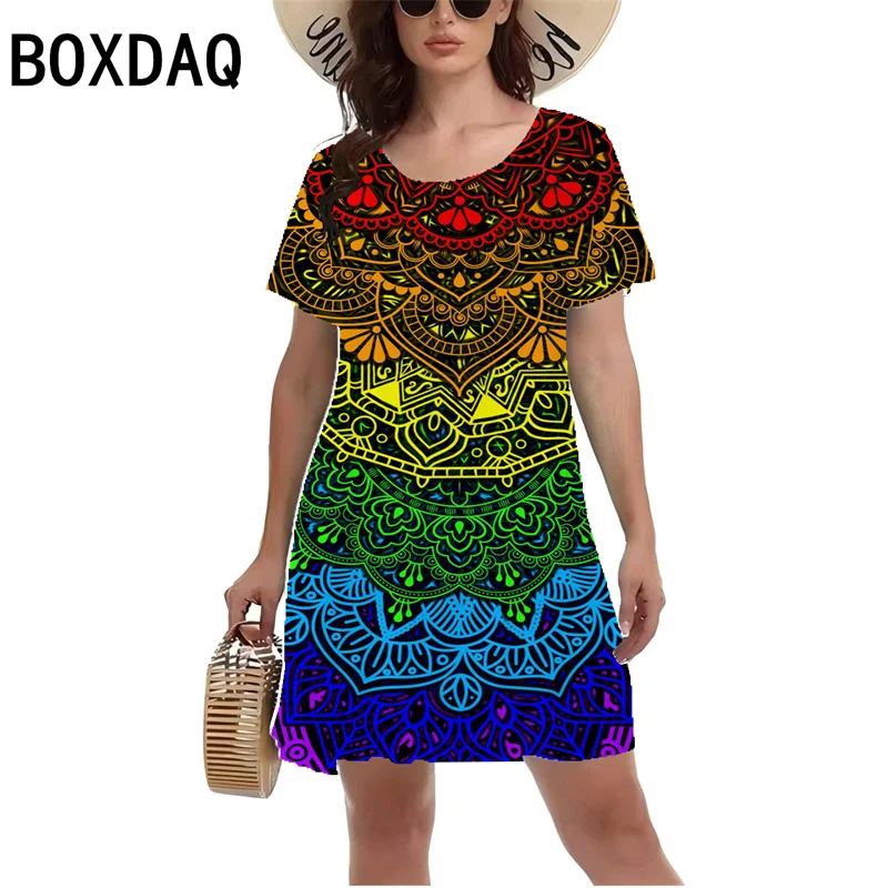 Retro 3D Colorful Printed Dress Women Summer Short Sleeve Round Neck Casual Dress 2024 New  Large Size Lady Sundress Vestidos