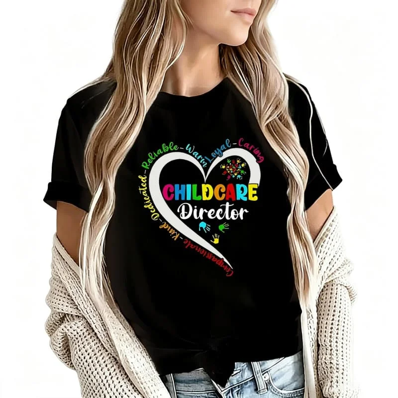 Hildcare Director Daycare Teacher Provider Women's T-Shirt 100% Cotton Funny Graphic Short Sleeve Tee Novelty Shirt Casual Crew Neck Top S-5Xl