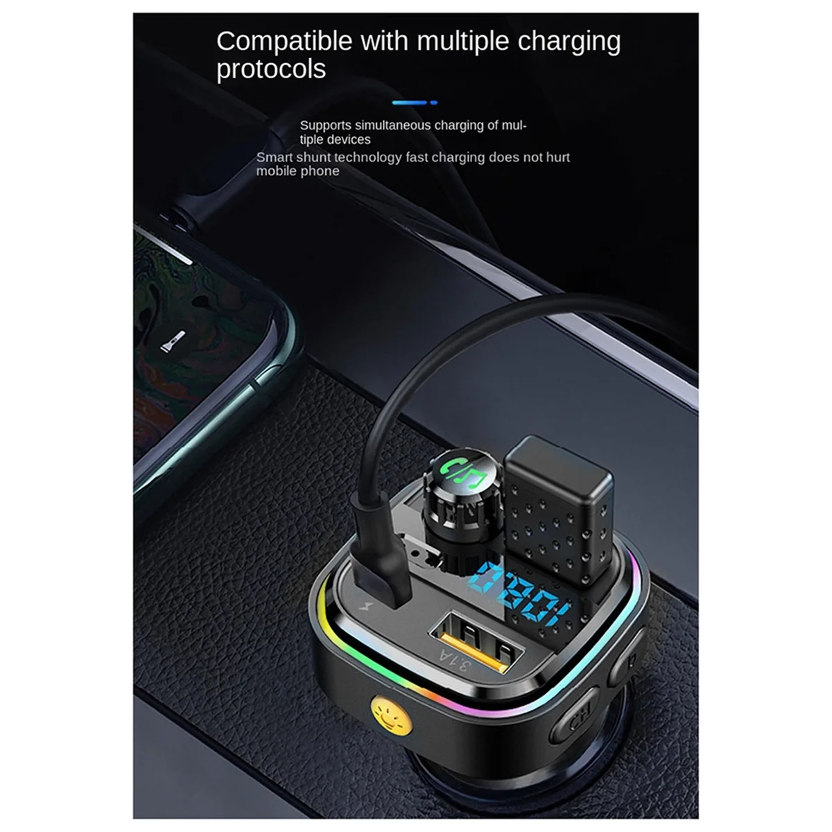 A77Q-Bluetooth 5.0 FM Transmitter Car Radio Modulator MP3 Player with Colorful Atmosphere Breathing Light PD+USB Fast Charge