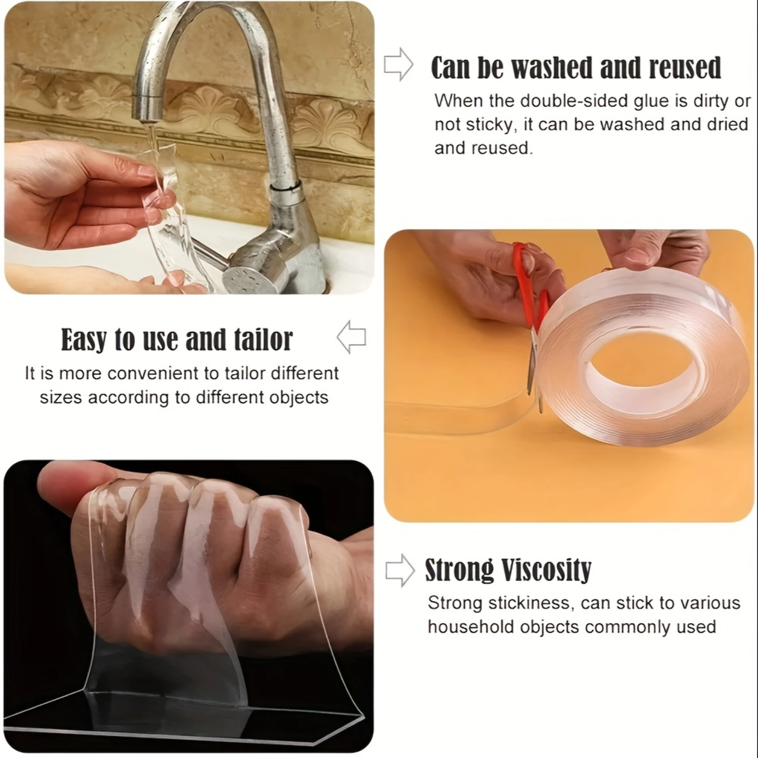透明両面壁テープ画像吊り下げテープ多目的取り付けテープ高耐久取り外し可能なゲルグリップテープ粘着洗える
