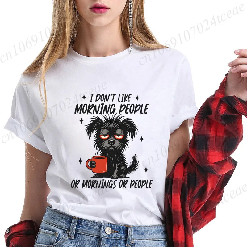 Women Funny Dog Coffee T‑Shirt I Don't Like Morning People Graphic Tees Lazy Puppy Print Short Sleeve Casual Loose Tops Gift