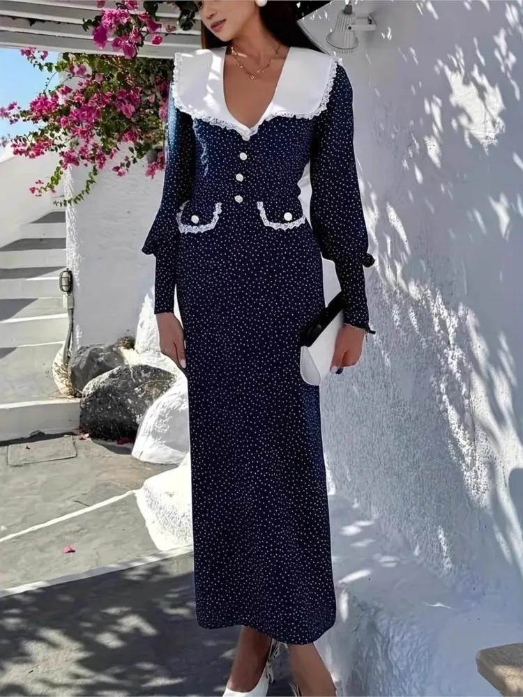 Image of 2025 herbst Winter Kleid Frauen Herbst Trend Langarm V-ausschnitt Polka Dot Sexy Elegante Abend Party Dünne Stretch Maxi Bodycon
