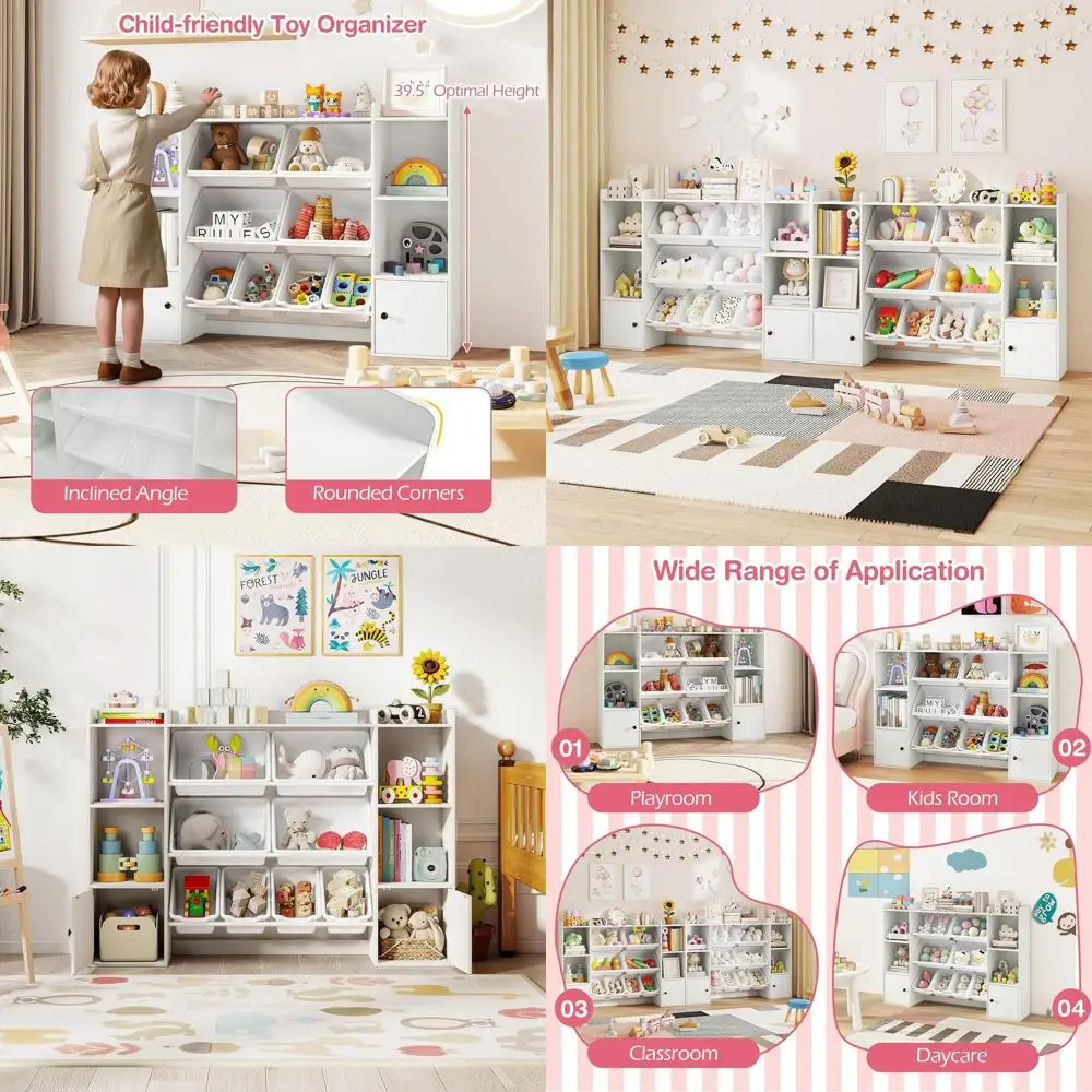 

Wooden Kids Toy Organizer with 8 Bins, Open Shelves, and Cubbies for Playroom, Bedroom, and Nursery (White)