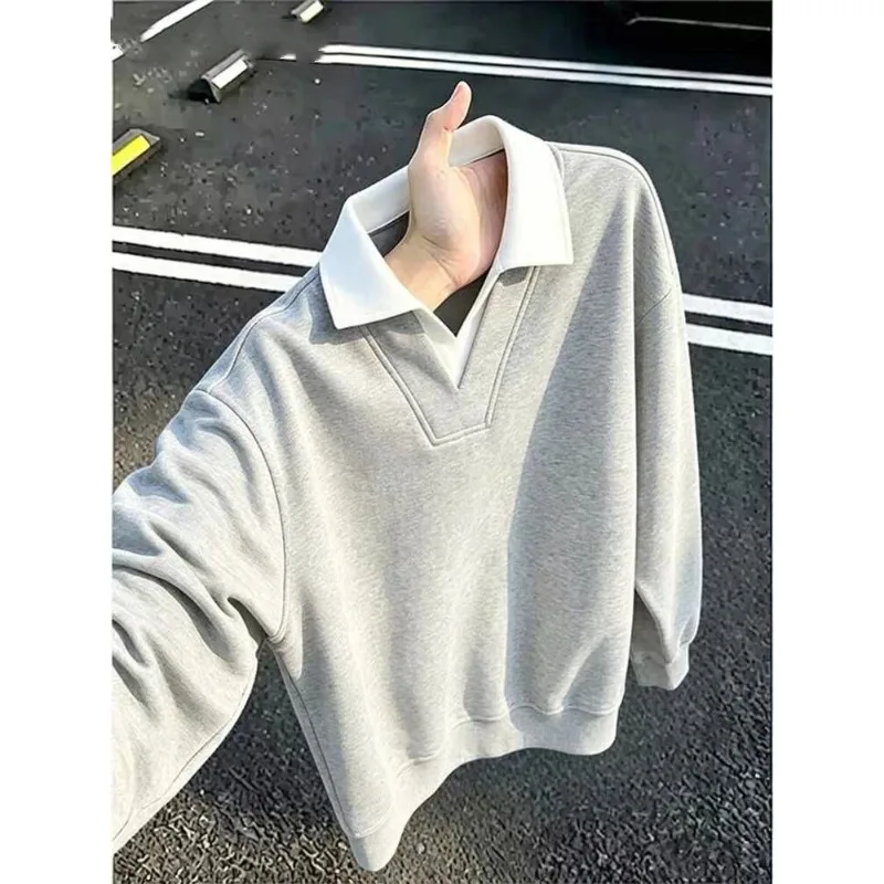 Men's American Retro Fake Two Piece Polo Sweatshirt Lazy Old Money Style Loose Casual Inner Pullover Top for Autumn