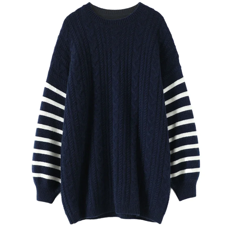 aliaga winter new chunky cable knit 100% cashmere striped sweater long sleeve ladies thick warm oversized jumper long