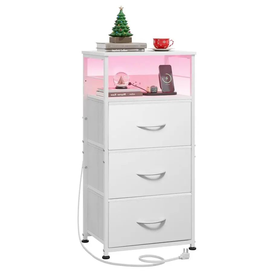 

Nightstand with Charging Station, 31.9 H Nightstand with 3 Fabric Drawers, LED Bedside Table with USB Ports and Outlets, End Ta