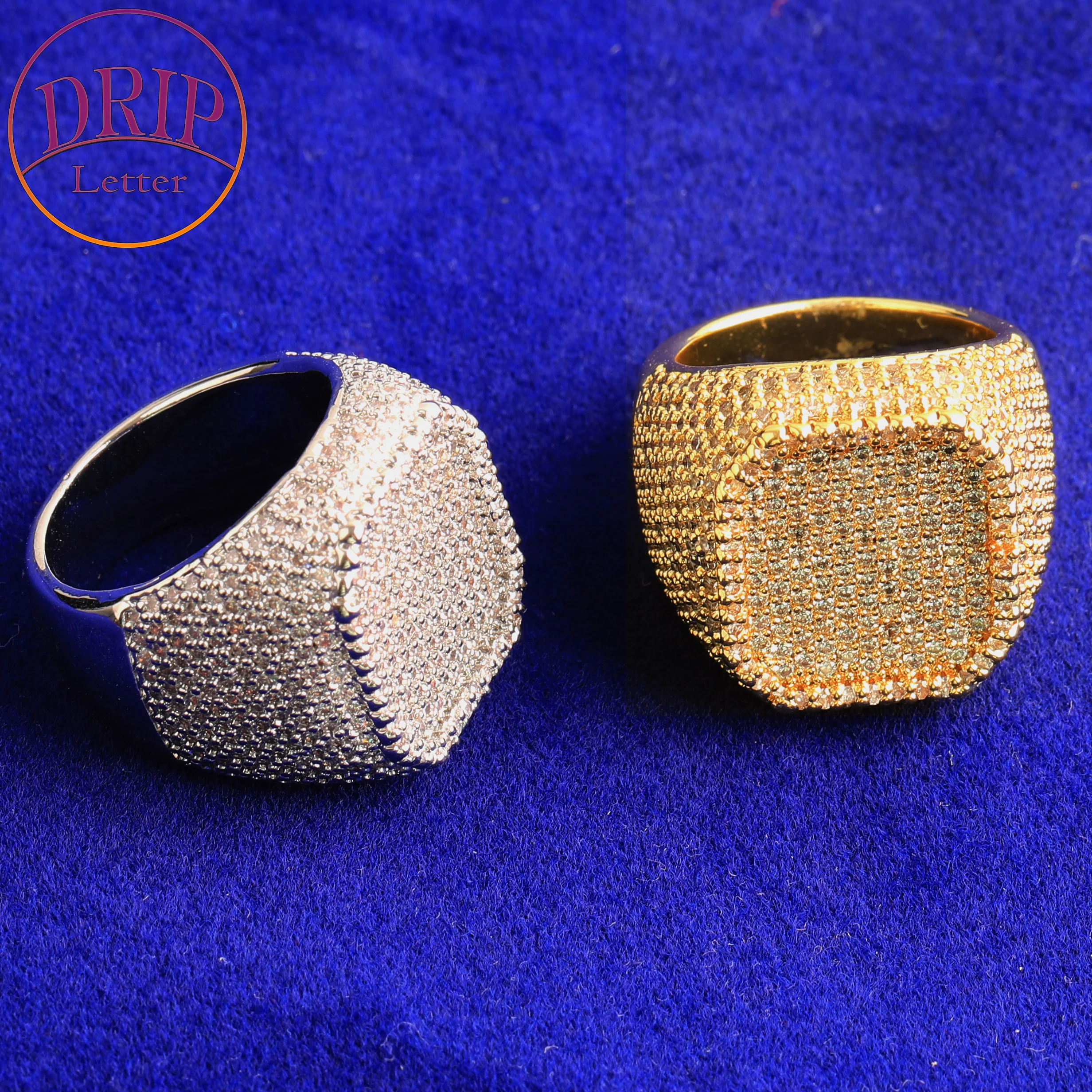 

Drip Letter Iced Out Rings for Men Prong Setting Real Gold Plated Hip Hop Jewelry