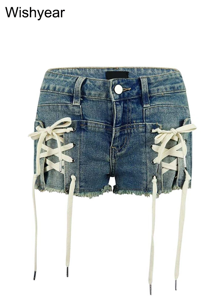 Fashion Lace-Up Bandage Blue Stretch Denim Shorts for Women Summer Casual Skinny  Short Jeans Sexy Beach Night Club Outfits