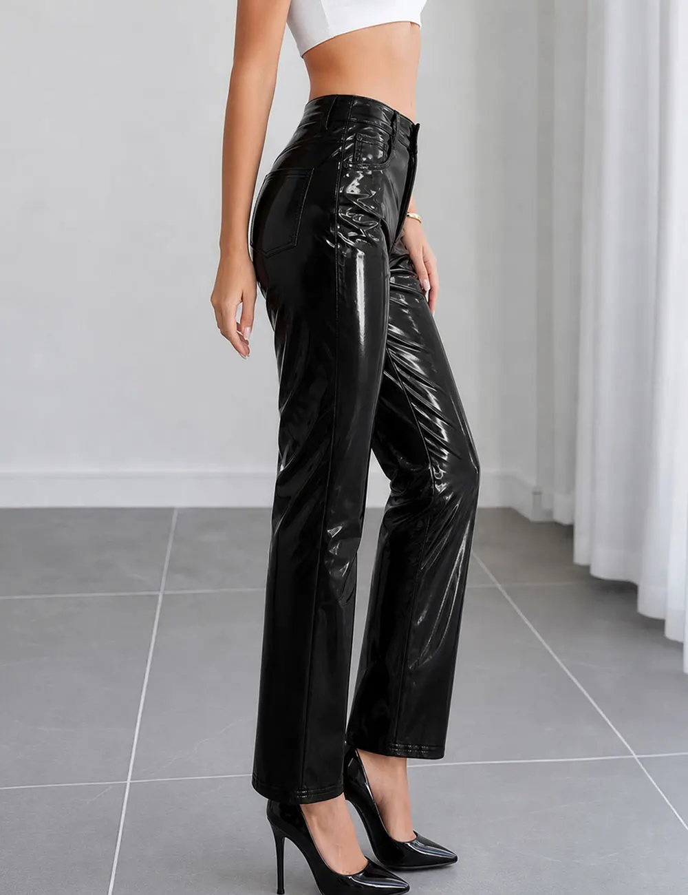 Damenhose mit hoher Taille, glänzendem Lackleder, schmaler, gerader Beinform, Knopfleiste, sexy schwarze Hose mit Taschen, Streetwear, Clubwear. – Detail 7