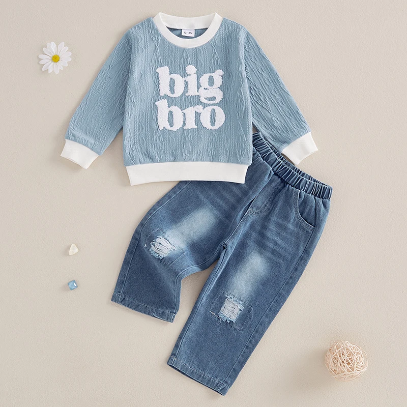 Suefunskry Kids Boy Autumn 2PCS Outfits Long Sleeve O Neck Letter Embroidery Pullover Tops Ripped Denim Pants Sets