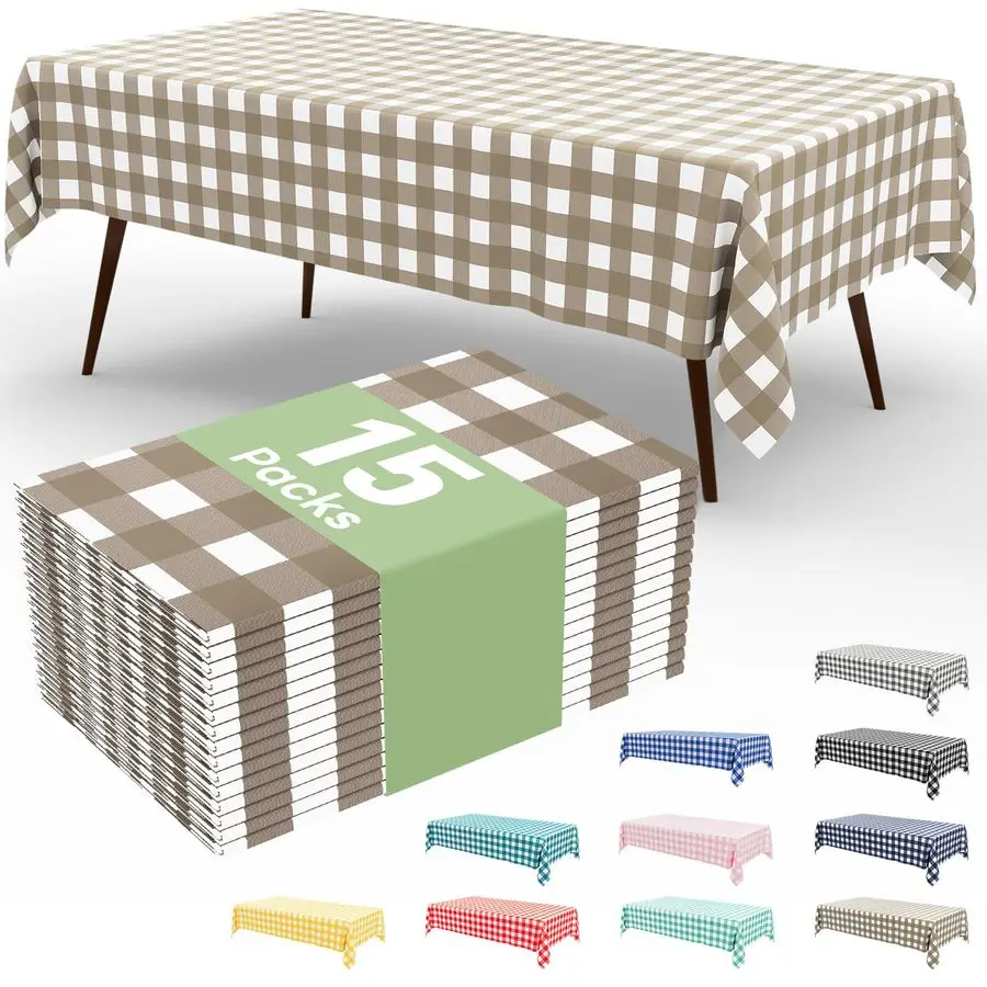 

15 упаковок одноразовых скатертей Buffalo, 54 x 108 дюймов, водонепроницаемые пластиковые скатерти, прямоугольные, в клетку цвета хаки и белого.