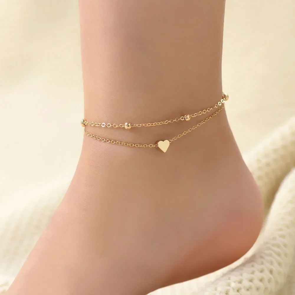 2pcs New Fashion Gold Color Heart Anklet Multilayers Adjustable Anklet for Women Summer Bracelet on Foot Beach Party Leg Chains