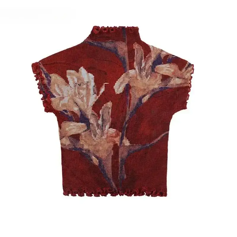 Camiseta con estampado Retro para mujer, blusa de diseño elástico alto, cuello medio alto, informal, fina, moda coreana Y2K 2000S, Tops ajustados de verano