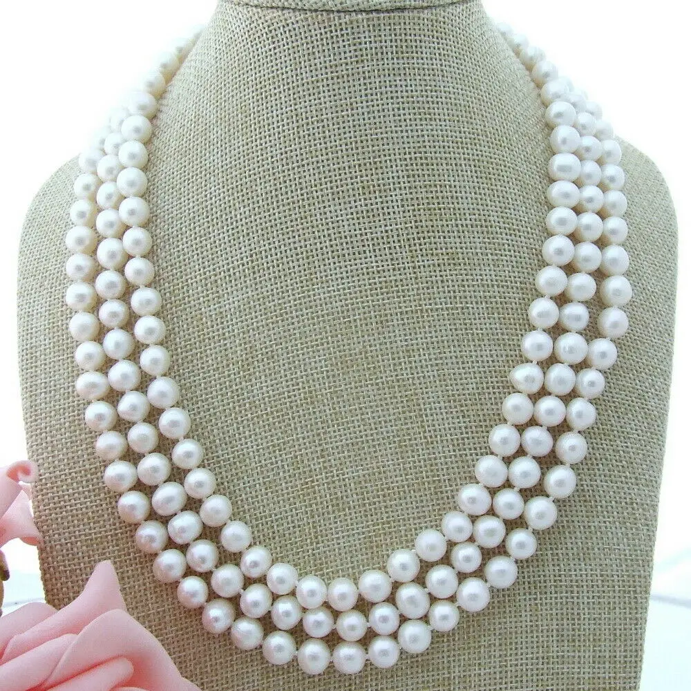 Handmade 3 strands 8-9 mm white freshwater pearl micro inlay zircon accessories clasp sweater necklace long 43-48cm